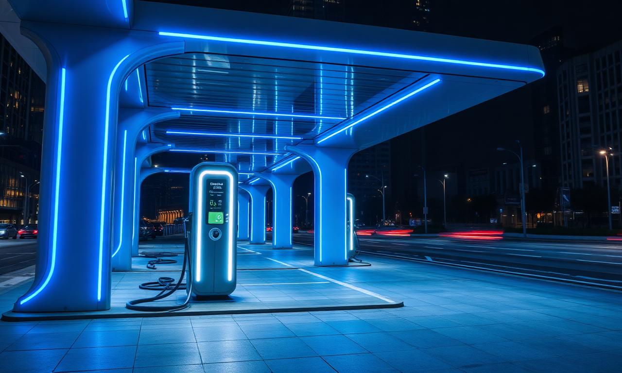 Estação de carregamento elétrico moderna à noite